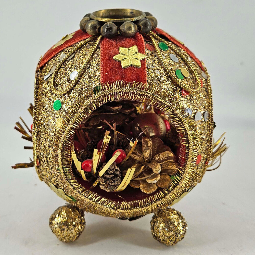 Vintage Gold Glitter 4 Windows Diorama Japan Christmas footed Ornament decor